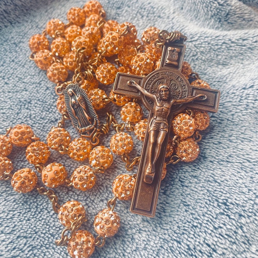 Handmade copper Catholic Rosary with rose gold shambala/disco beads (large)